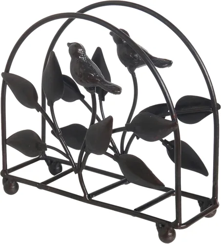 Vista 2 de Servilletero clásico de hierro fundido con forma de pájaro y árbol/Dispensador independiente de pañuelos de mesa, negro
