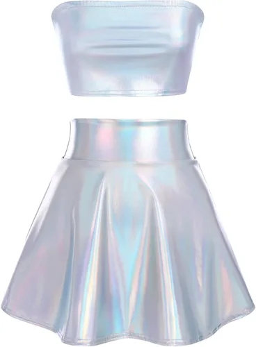 Vista 5 de Disfraz de alienígena para mujer, top corto metálico brillante y minifalda holográfica de dos piezas, disfraz de rave para Halloween y cosplay
