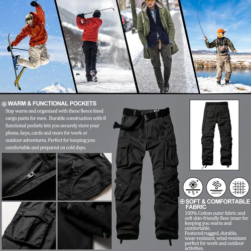 Vista 5 de Pantalones de senderismo con forro polar para hombre, pantalones cargo de camuflaje de invierno, pantalones de esquí de trabajo casuales para hombre