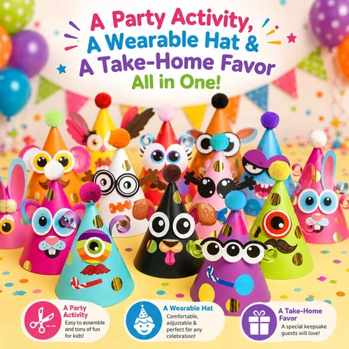 Vista 4 de Sombreros de fiesta de Glittery Garden para niños, arte y manualidades. Divertido kit de actividades de cumpleaños con pegatinas. Adorno de fiesta