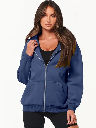 Vista 2 de ANRABESS Sudaderas con capucha y cremallera para mujer, de manga larga, sudaderas de gran tamaño, forro polar Y2K, con bolsillos, ropa de otoño