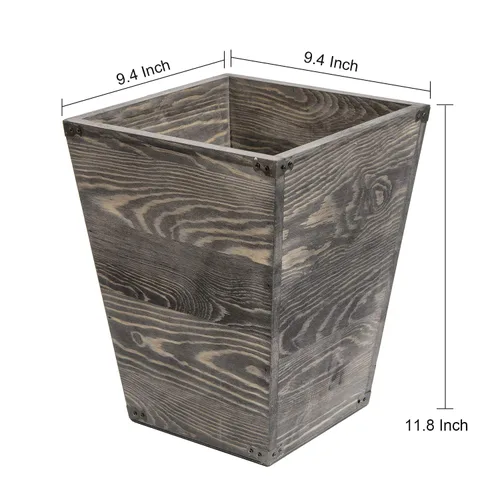 Vista 2 de Basurero cuadrado de madera estilo granja con soportes metálicos decorativos para dormitorio, sala de estar, baño y oficina, papelera (gris rocho)
