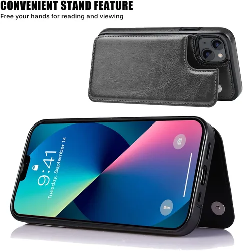 Vista 6 de Funda tipo cartera compatible con iPhone 13, funda protectora delgada con tarjetero, cuero PU con soporte y ranuras para tarjetas con un cristal