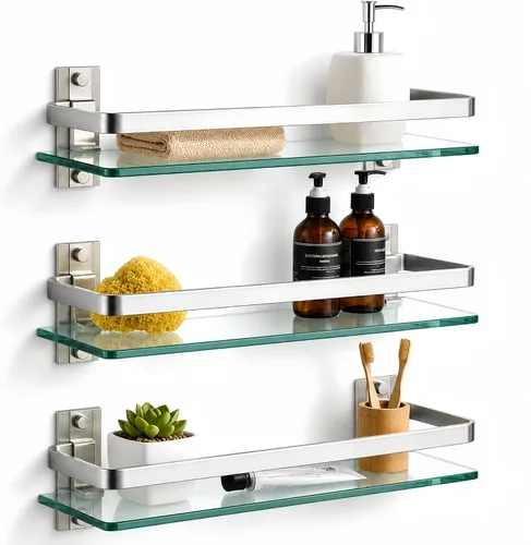 Vista 10 de AIJALY Paquete de 2 estantes de vidrio para baño, 15.7 pulgadas, estante de vidrio negro para ducha de baño, montado en la pared, estante de cocina