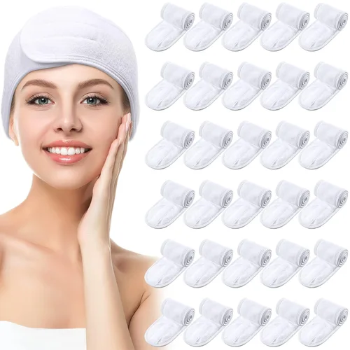 Vista 13 de Hoteam Paquete de 30 diademas de spa, esteticista facial para mujeres, ajustable, maquillaje, deportes, ducha, toalla elástica con cinta (negro)