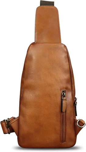 Vista 3 de IVTG Bolso bandolera de cuero genuino para hombres y mujeres, mochila vintage para el pecho, bolso cruzado para viajes y ciclismo, Marrón, Mediana