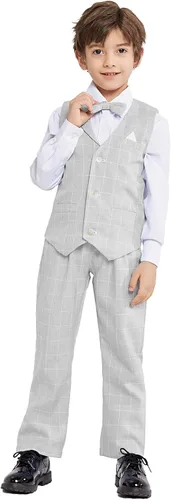 Vista 3 de LOLANTA Trajes de chaleco para niños, 4 piezas, trajes de portador de anillos de boda, chaleco, camisa y pantalones, corbatín de 2 a 13 años