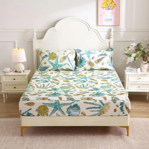 Vista 3 de ABREEZE Juego de sábanas de 4 piezas con temática de playa, 100% algodón, ropa de cama costera súper suave, color blanco, verde azulado, conchas