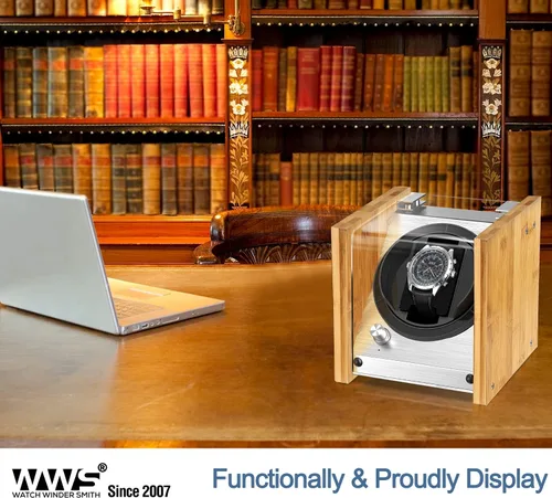 Vista 7 de Watch Winder Smith Bobinadora de reloj automática individual de bambú - 4 modos de rotación, motor silencioso