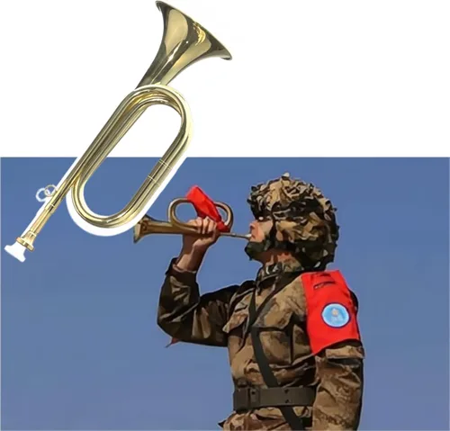 Vista 5 de CashBeat - Cuerno de corneta de latón chapado en oro, trompeta de caballería con bolsa y guantes Brass Instrument for Military Orchestra and