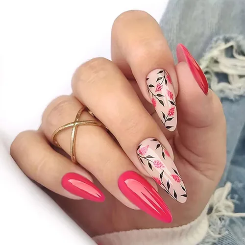 Vista 9 de Uñas postizas cortas francesas en forma de almendra con diseño de línea dorada y estampado de leopardo, uñas artificiales acrílicas de cobertura