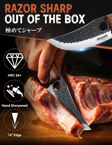 Vista 3 de Huusk Juego de 2 cuchillos vikingos japoneses para cortar carne, cuchillos forjados a mano con mango de madera, cuchillos japoneses de acero de alto