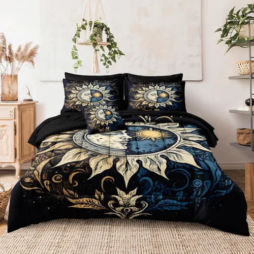 Vista 3 de Juego de edredón de sol y luna negro, juego de ropa de cama boho, ropa de cama de galaxia celestial y espacio estrellado, edredón mandala exótico