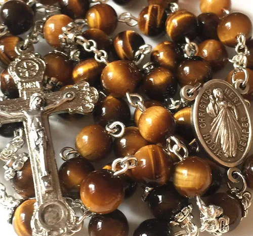 Vista 3 de elegantmedical HECHO A MANO Ojo De Tigre Rosario Cuentas Italia Cruz Cruz CRUCIFIJO CATÓLICO COLLAR CAJA DE REGALO, Metal