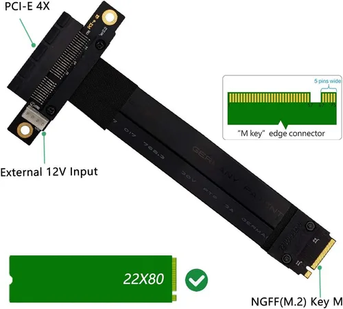Vista 2 de HLT Cable de extensión M.2 NGFF NVMe Key M a PCIe 3.0 X4 (ranura PCI-E de 180°)
