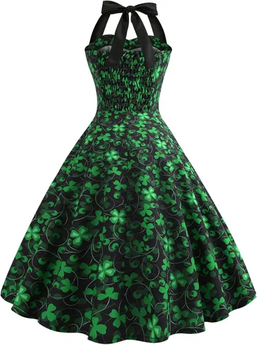 Vista 5 de Vestido vintage de los años 1950 para mujer, vestido retro de cóctel, vestido con vuelo y cintura elástica con estampado de trébol de cuatro hojas