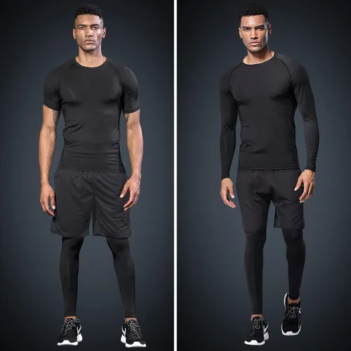 Vista 2 de JULY'S SONG Conjunto de entrenamiento de compresión para hombre, 5 piezas, secado rápido, pantalones cortos, mallas, chaqueta para gimnasio