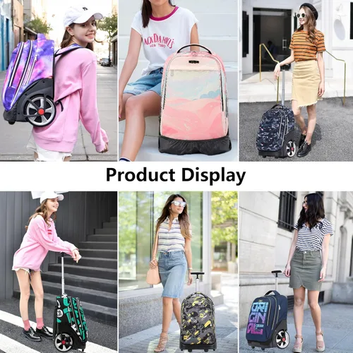 Vista 9 de NEW TILAMI Mochila con ruedas de 19 pulgadas con bolsa de almuerzo para niñas y niños, mochila para laptop con ruedas, bolsa de mano duradera