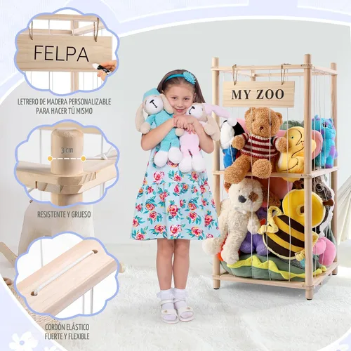 Vista 5 de GLDZI Almacenamiento de Animales de Peluche Zoo, Organizador de Animales de Peluche de Madera con Cuerdas Elásticas para Niños y Niñas, Soporte