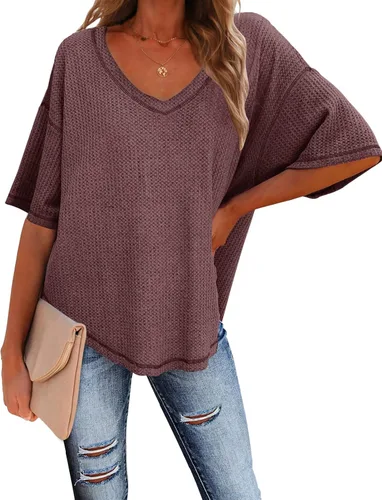 Vista 2 de MEROKEETY - Blusa de media manga con cuello en V, punto gofre y alas de murciélago para mujer, camiseta suelta de color sólido