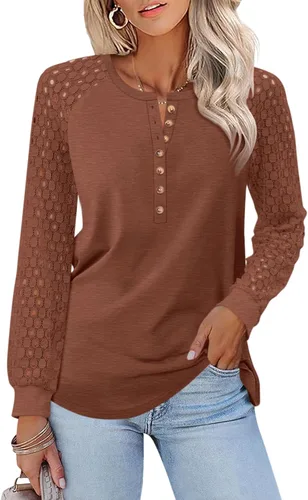 Vista 32 de Minetom Camisetas de manga larga con encaje para mujer, blusas casuales