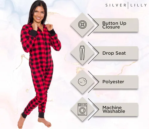 Vista 4 de Silver Lilly - Pijamas de una pieza a cuadros para mujer con abertura estilo solapa abotonable en la parte posterior