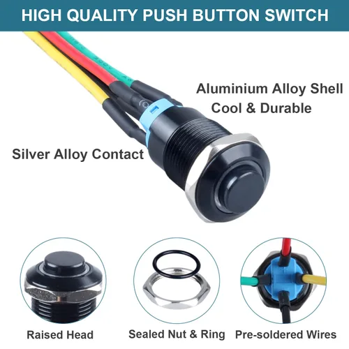 Vista 3 de 2 interruptores de botón con pestillo de 0.472 in con cable pre-soldado de 5.9 in 1NO 12V-24V ON-Off para orificio de montaje de 1/2 pulgada, anillo
