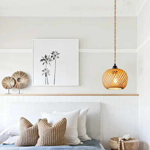 Vista 4 de Lámpara colgante de mimbre con enchufe bohemio 15ft Hemp Rope Cord, MINI Bamboo Lampshade, Wall Lighting Swag Lamp, for Kitchen Island Farmhouse