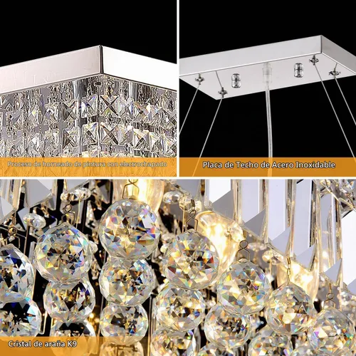 Vista 8 de Candelabro moderno de vidrio de gotas para iluminación de techo de Ella Fashion®, hermosa lámpara de techo con brazos, Rectangle Chandeliers 11