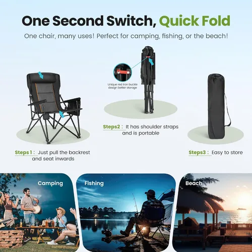 Vista 9 de HIGH POINT SPORTS Sillas de campamento plegables de gran tamaño para adultos, respaldo alto, sillas de césped resistentes que soportan 500 libras