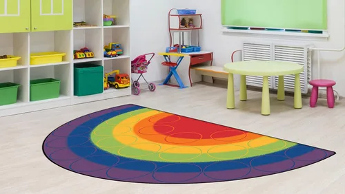 Vista 2 de Carpets for Kids 1262 Rainbow Rows - Alfombra de asiento para aula, 6 x 12 pies, semicírculo, multicolor