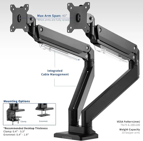 Vista 4 de VIVO Brazos resistentes de aluminio de alta calidad, se adapta a 2 monitores ultraanchos de hasta 38 pulgadas, soporte de escritorio para monitor