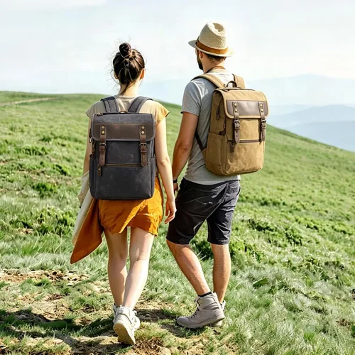 Vista 7 de Mochila vintage de lona encerada para hombres y mujeres, verde militar Mochila de viaje para computadora portátil, de piel auténtica