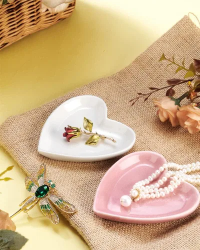 Vista 3 de JAMEND CLXP 2 platos de compromiso para anillos de boda para recién casados, decoración del hogar en forma de corazón, bandejas de cerámica
