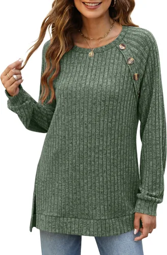 Vista 4 de Bofell Camisas de manga larga para mujer, cuello redondo, estilo casual, con botones, con abertura lateral