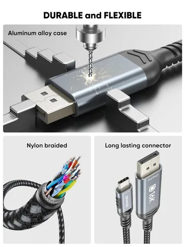 Vista 3 de Cable USB C a DisplayPort 2.1 de 80 Gbps de 6.6 pies, cable de pantalla USB C de 16K a 60Hz 8K a 120Hz 4K a 240Hz, trenzado unidireccional