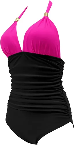 Vista 96 de RXRXCOCO - Traje de baño fruncido de una pieza, con cuello en V, para mujer, con control de abdomen y cuello halter