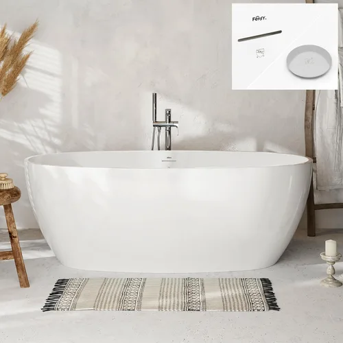 Vista 33 de FerdY Tahití - Bañera de acrílico independiente de 55 pulgadas, elegante bañera de remojo de forma ovalada, blanco brillante, drenaje dorado