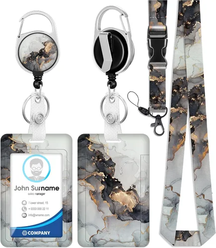 Vista 11 de Soporte para tarjetas de identificación con cordón y clip retráctil para carretes de insignias, cordón de mármol para identificación, protector