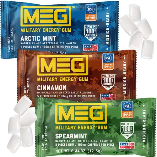 Vista 10 de MEG - Goma de mascar energética militar - Arctic Mint 100 mg de cafeína por pieza para rendimiento físico, impulso de energía para entrenamientos