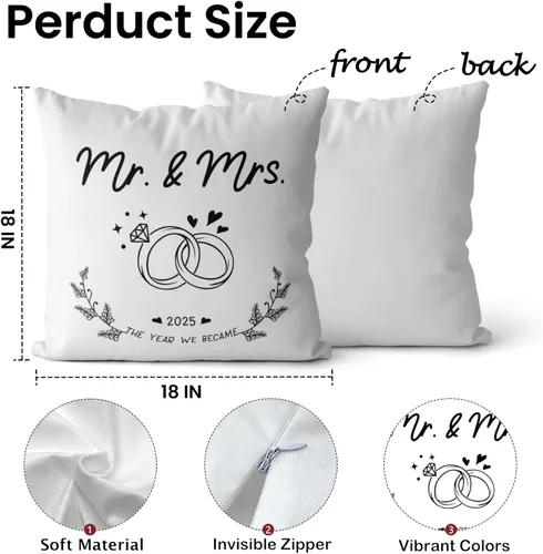 Vista 2 de Mr and Mrs - Fundas de almohada para regalos de boda de 18 x 18 pulgadas, regalos de boda para parejas 2025, recién casados, novios, regalos