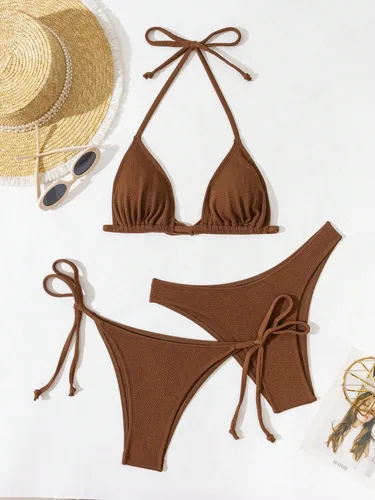 Vista 2 de Milumia Conjunto de bikini triangular de 3 piezas para mujer, trajes de baño de verano con parte superior halter