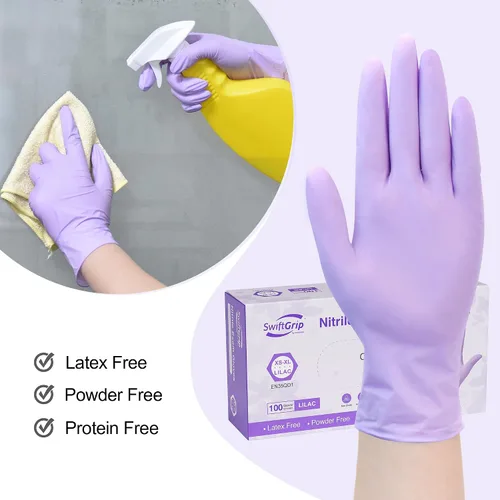 Vista 3 de SwiftGrip Guantes desechables para examen de nitrilo, 3 mil, guantes lilas desechables sin látex, sin polvo