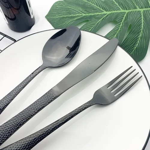 Vista 4 de JASHII Juego de cubiertos de acero inoxidable martillado de 16 piezas servicio de utensilios de alimentación para 4, vajilla moderna juego de Negro