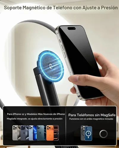 Vista 3 de NiceVeedi Anillo de luz magnético de escritorio de 10.2 pulgadas con soporte, anillo de luz de escritorio recargable de 5000 mAh para teléfono, luz