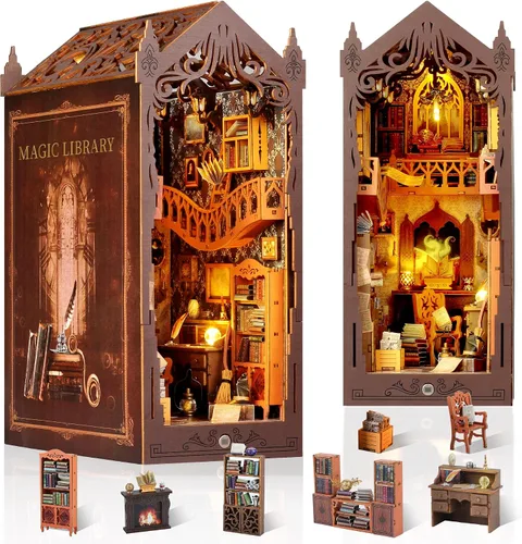 Vista 7 de Book Rinck, kits de rincón de libros para adultos, rompecabezas de madera 3D de aventura oceánica, decoración con luz LED, estante de rincón de Azul