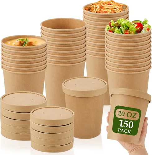 Vista 9 de Sabary Paquete de 50 Recipientes de Papel para Sopa de 8 oz con Tapa Desechables de Papel Kraft Recipientes para Comida Aptos para Microondas