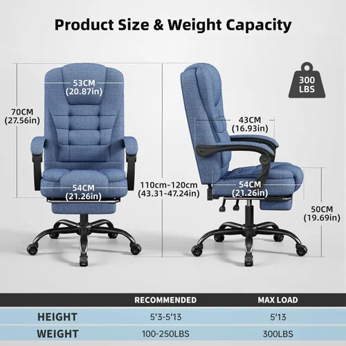 Vista 7 de Silla de juegos con reposapiés, silla de oficina ergonómica reclinable de 90° a 150°, silla de escritorio ajustable con reposabrazos de Tela azul