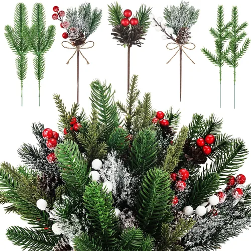 Vista 10 de Yunlly 60 piezas de agujas de pino verde artificiales para Navidad, púas florales de Navidad de acebo con bayas rojas artificiales, tallos de pino