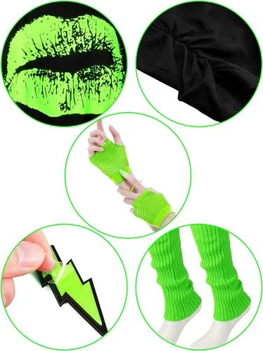 Vista 3 de Blulu 80s Costume Accessories for Women Halloween Outfit Dress Neon Leg Warmers Fishnet Gloves T-shirt Tutu Headband
